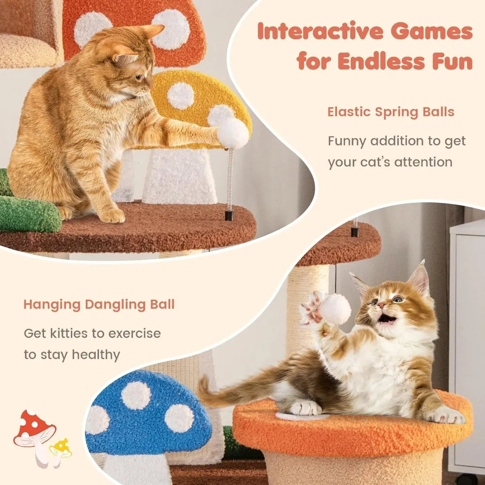 Very Tangkula Mushroom Cat Tree, Multi-Level Cute Cat Tower With Full-Wrapped Sisal Posts, Scratching Boards & Interactive Balls