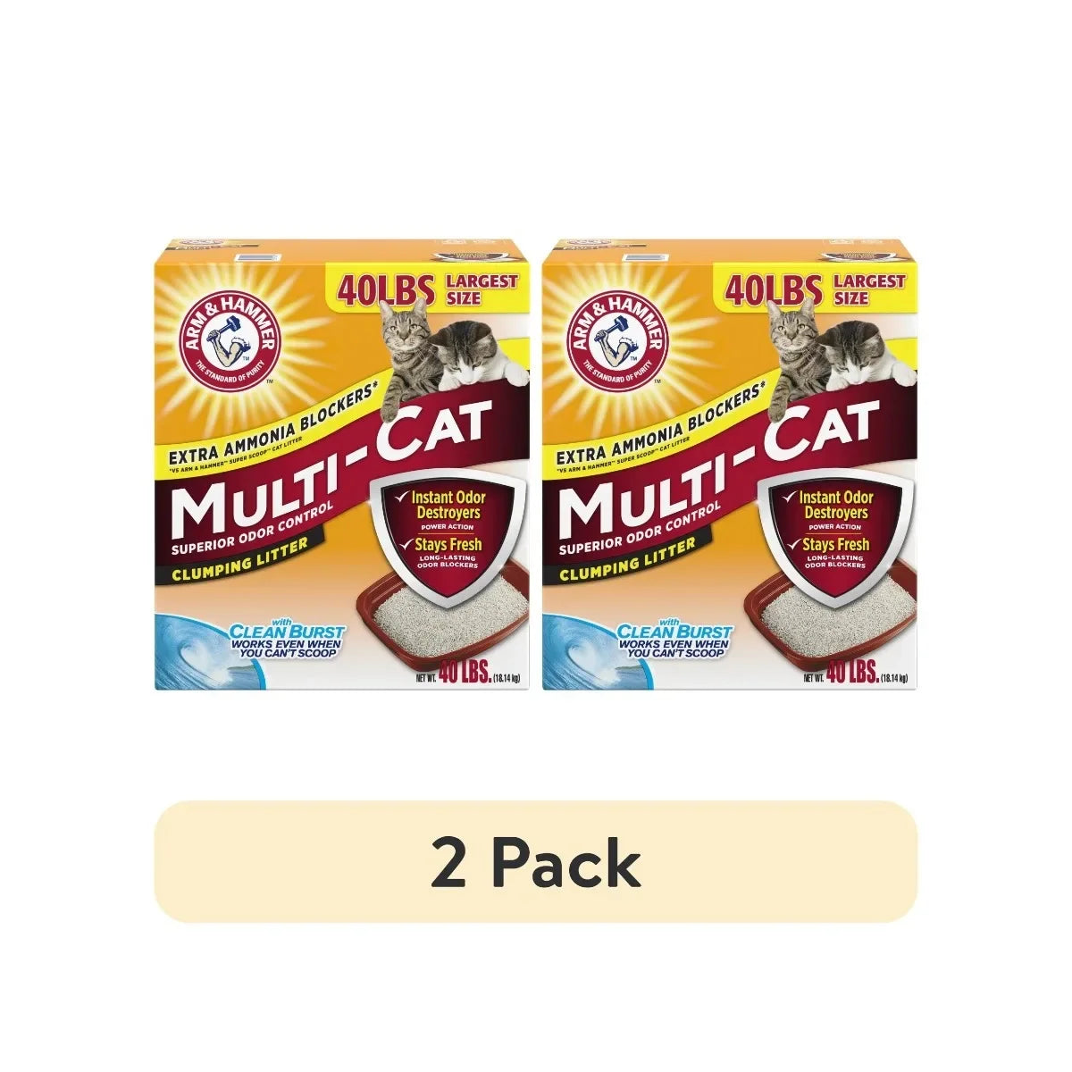 2-Pack Multi-Cat Clumping Litter 40lb, Superior Odor Control with Clean Burst Scent for Cats