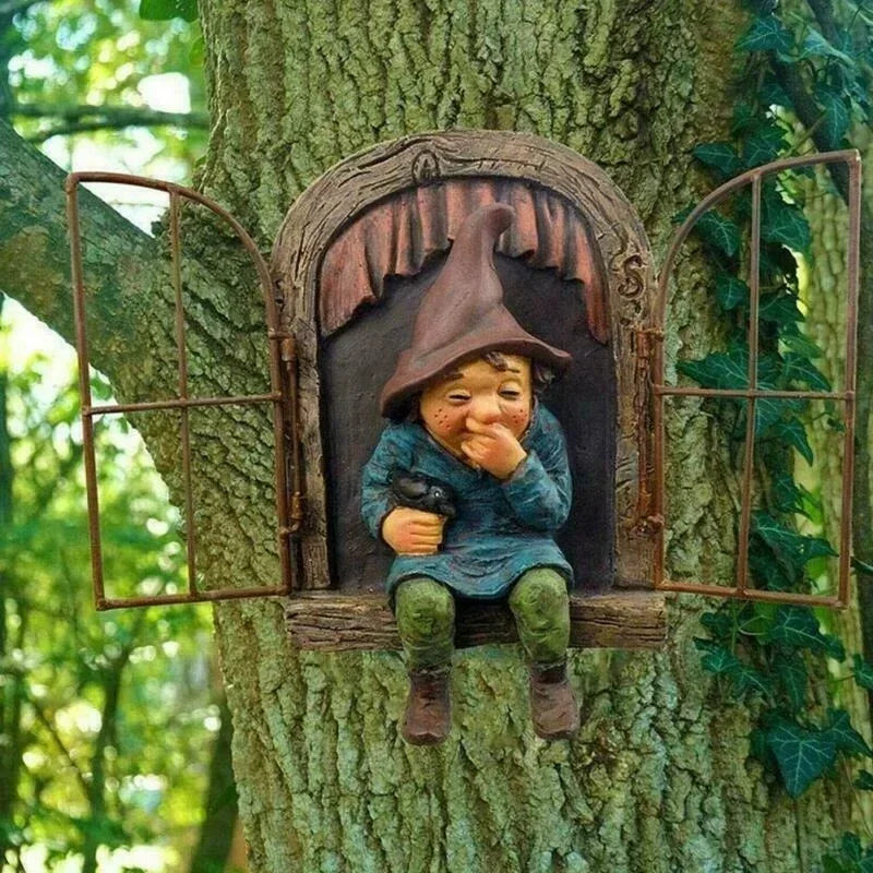 Creative Garden Gnome Statue Elf Out Tree Hug for Porch Decor