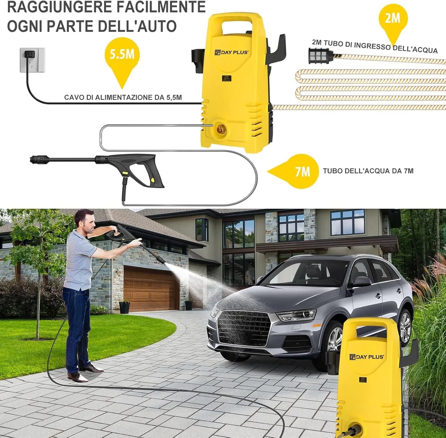 Electric High Pressure Washer 1600W,120bar,380l/h Adjustable Lance from 0 to 180°,7m Flexible Hose,for Terraces,Gardens,Cars - Quick and EZ Shop