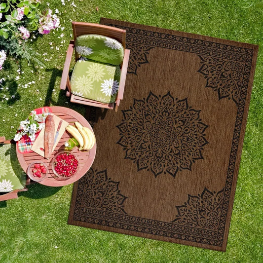 camilson 8x10 medallion nut brown and black modern outdoor and indoor area rug for patios, kitchen, and hallways