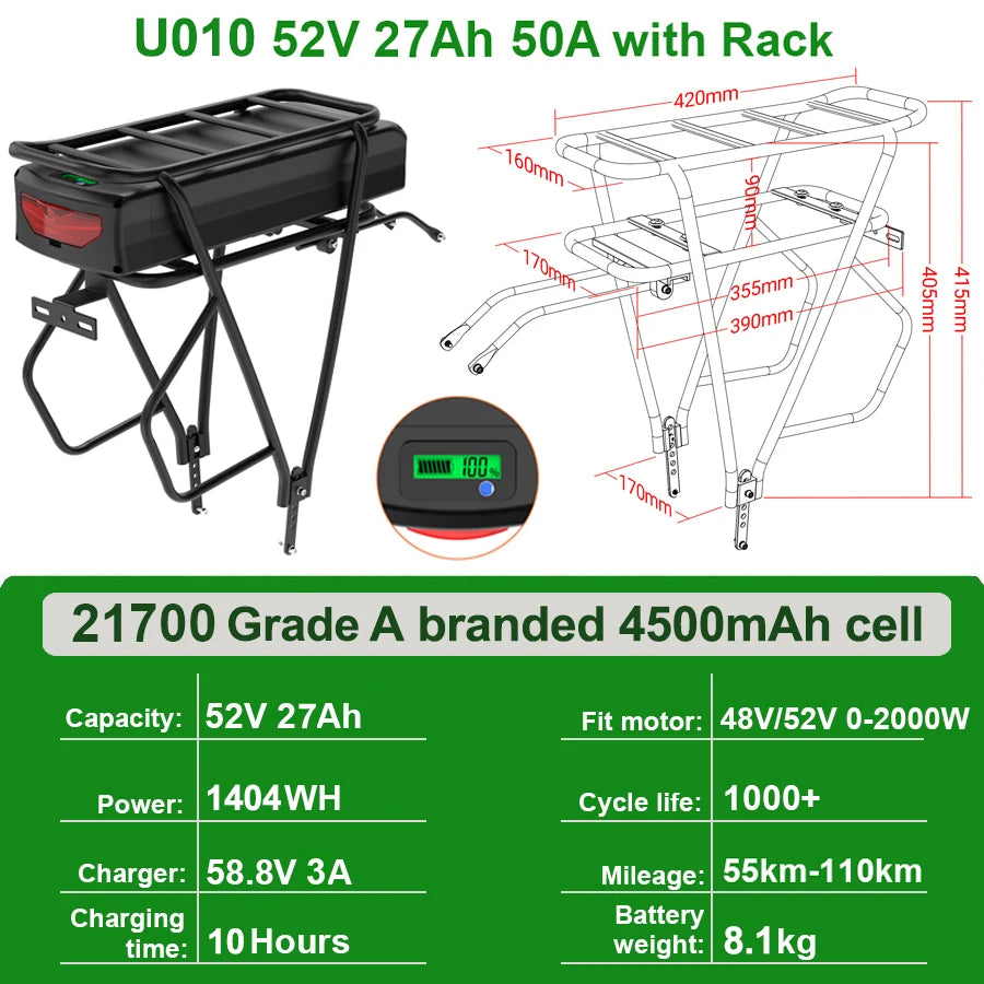 Rear Rack eBike Battery 21700 18650 52V 48V 28Ah 24Ah 20Ah With Double Luggage for 2000W 1500W 1000W 750W 500W 24"-28 inch Motor