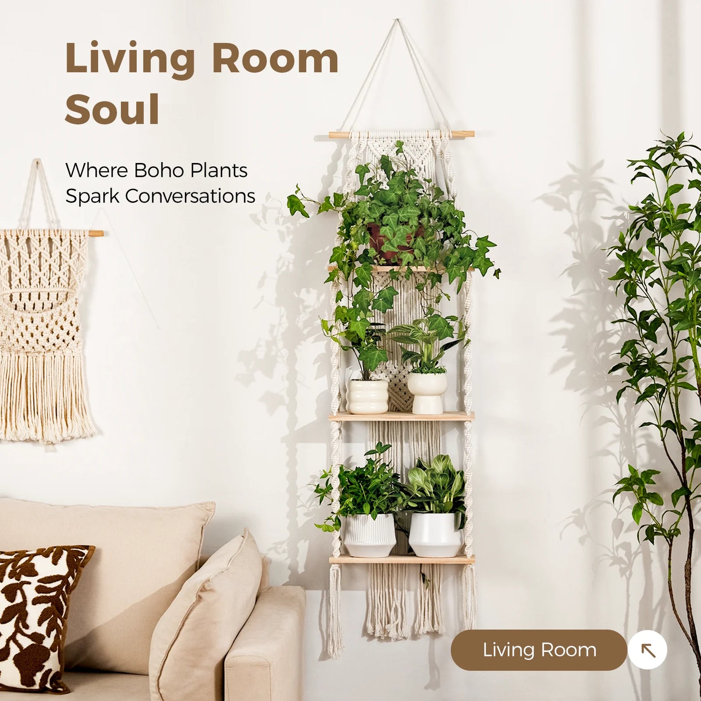 Bamworld 3 Tier Boho Wall Plant Shelf Plant Stand Window Plant Macrame Plant Hangers Room Decor Hanging Bedroom Living Balcony