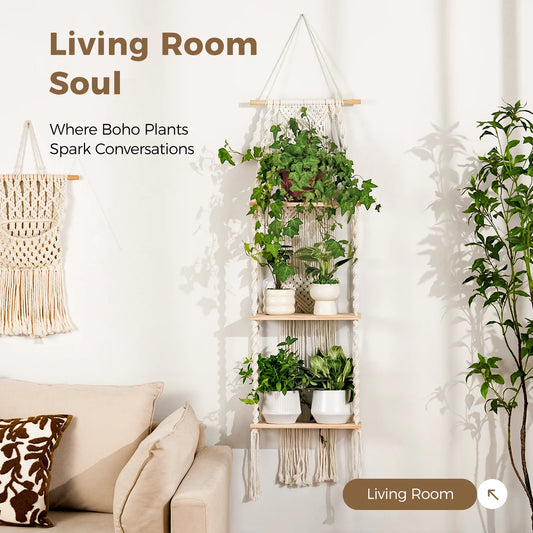 Bamworld 3 Tier Boho Wall Plant Shelf Plant Stand Window Plant Macrame Plant Hangers Room Decor Hanging Bedroom Living Balcony