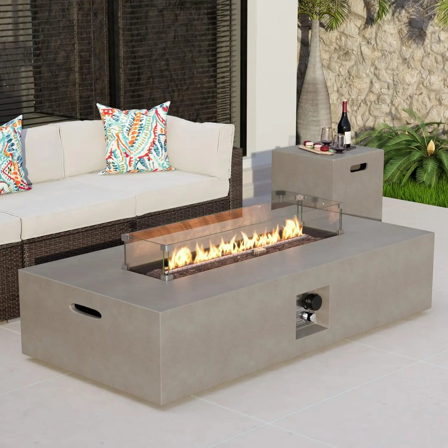 2-Piece Outdoor Propane Fire Table Set Rectangle Concrete 56-inch x 28-inch Gray Fire Pit (50000 BTU) w 20lb Tank Table
