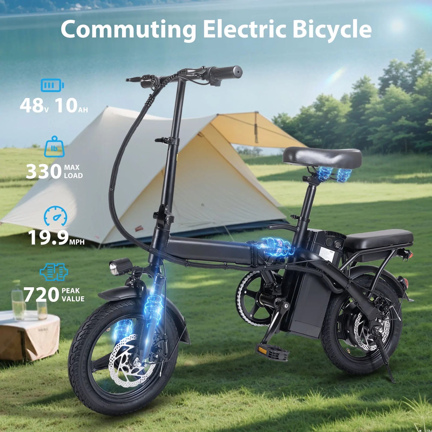 400W dual disc brake adult foldable electric bicycle with seat and basket 14 inches 48V 10.4Ah 22 mile range 20MPH
