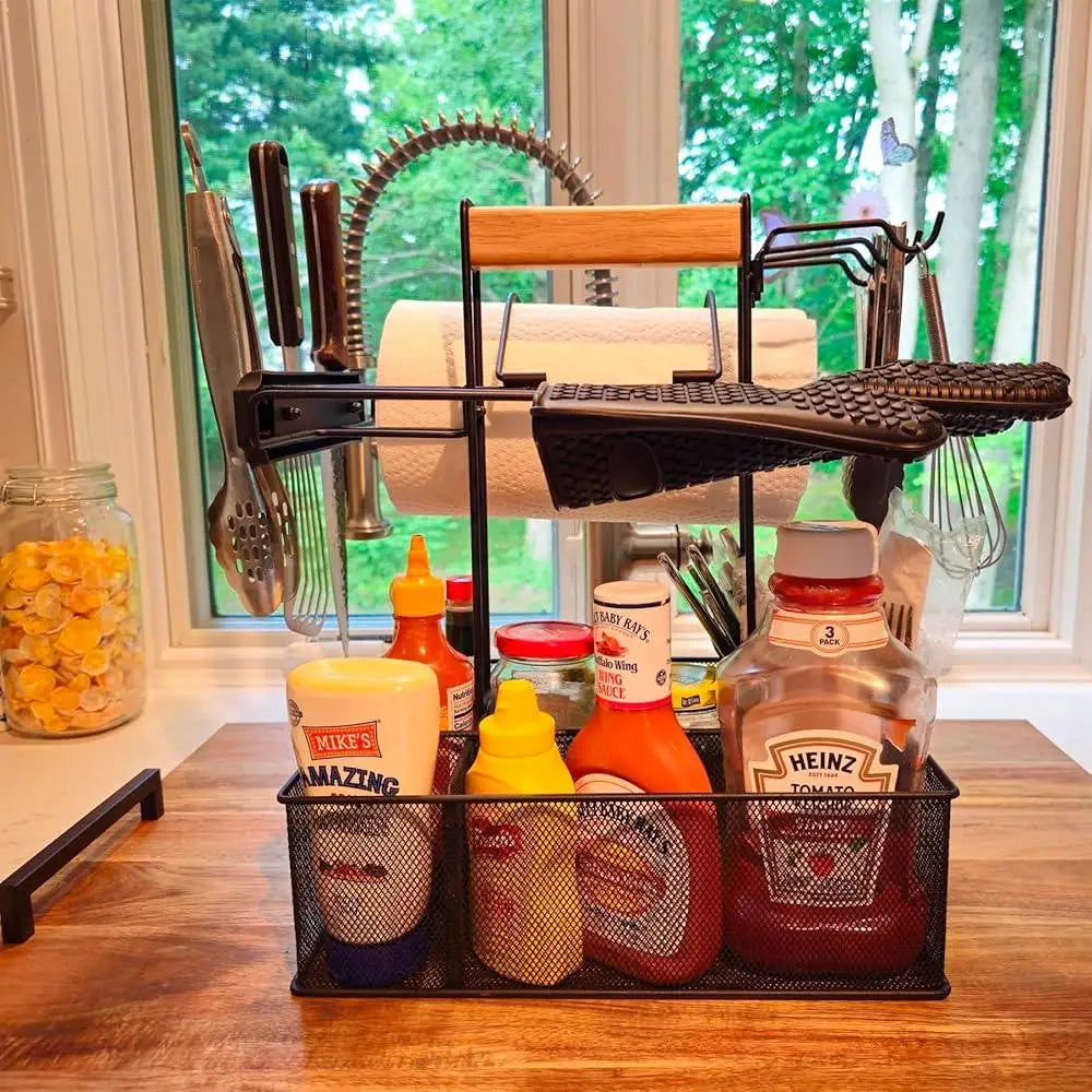 Outdoor Grill Caddy BBQ Organizer with Paper Towel Holder Magnetic Tool Holder Condiment Storage Adjustable Portable Picnic