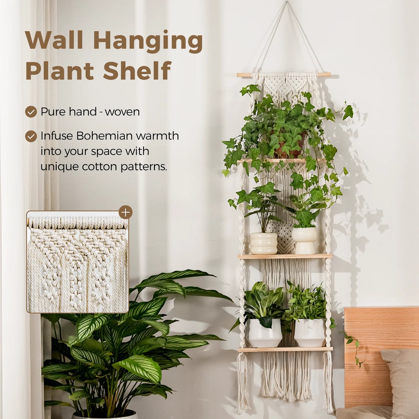 Bamworld 3 Tier Boho Wall Plant Shelf Plant Stand Window Plant Macrame Plant Hangers Room Decor Hanging Bedroom Living Balcony