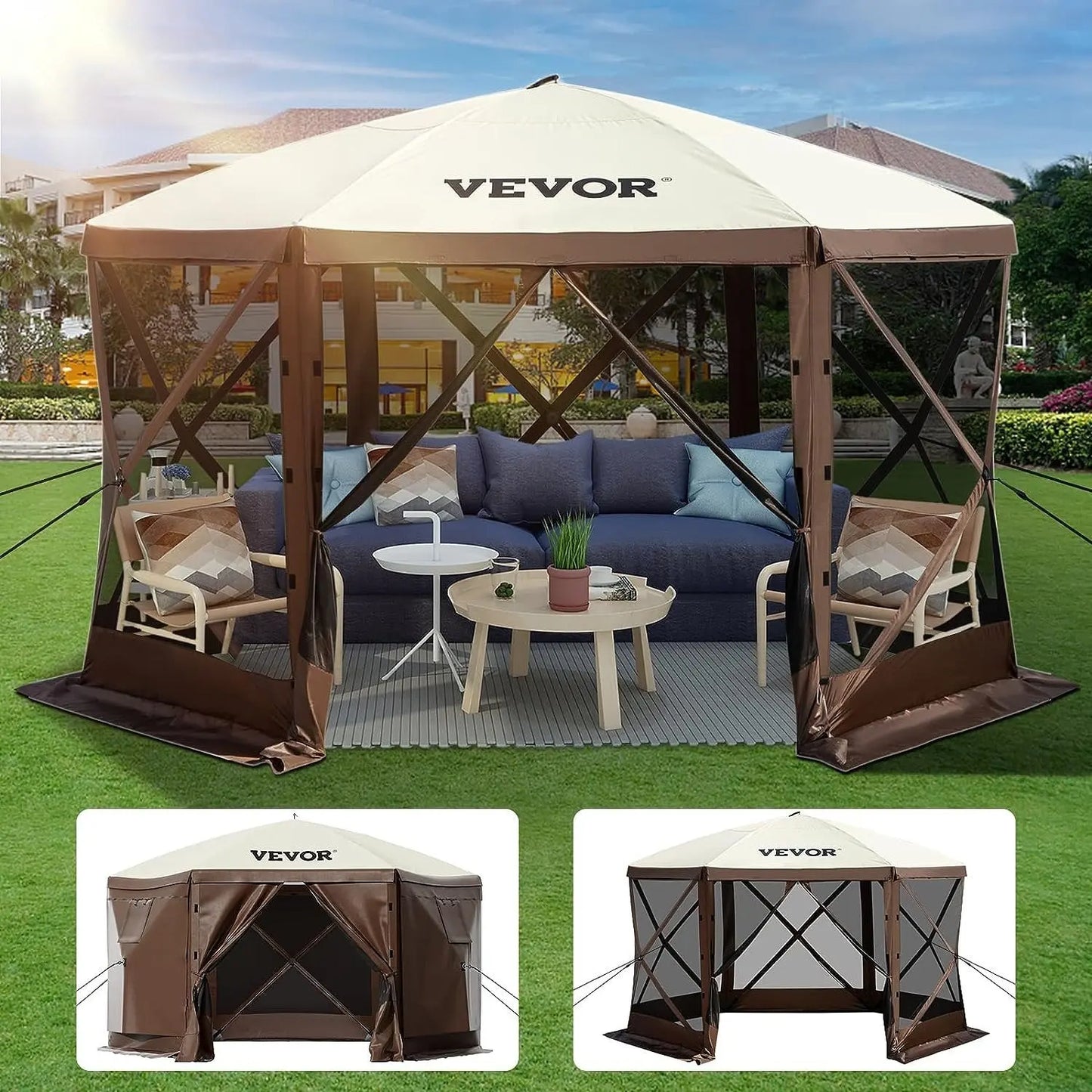 Waterproof Screen Shelter w/Portable Storage Bag 8 Person Camping 6 Sided Pop-up Canopy Screen Tent 10'x10' Camping Gazebo Tent
