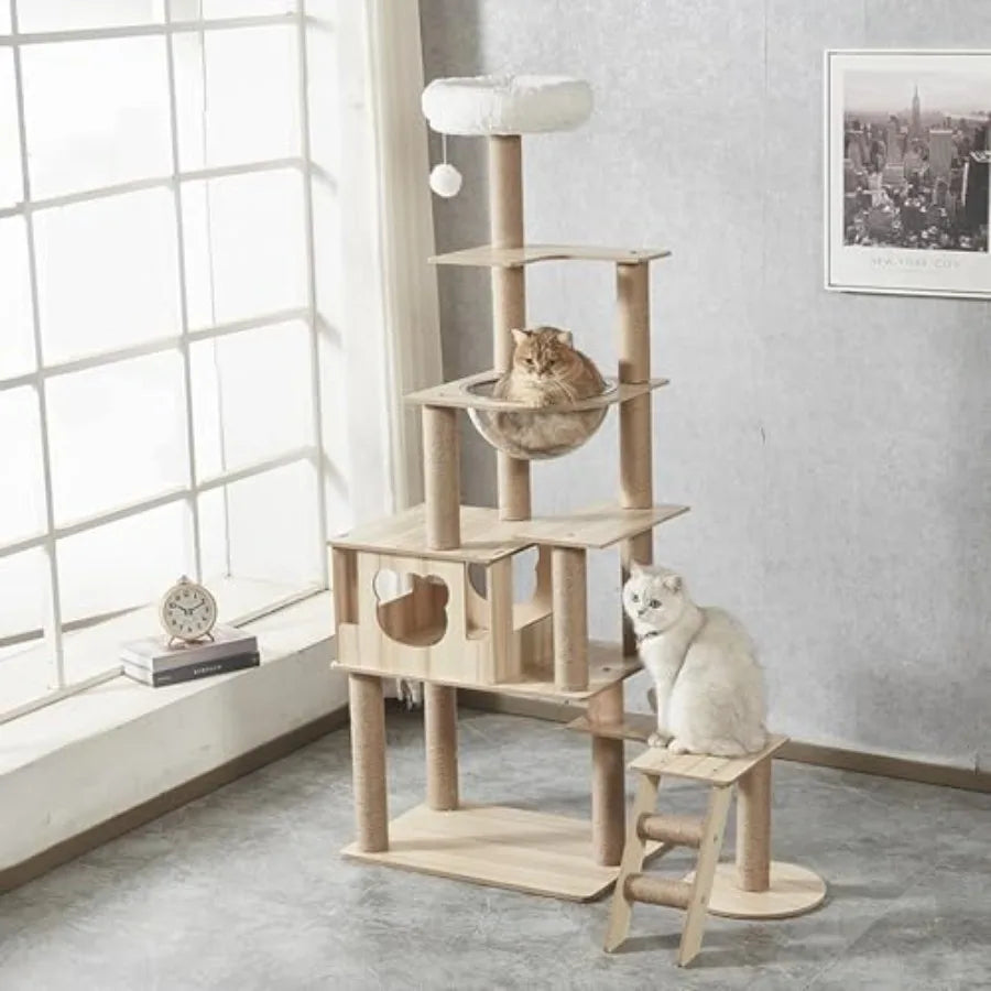 65-Inch Multi-Purpose Wooden Cat Tree Tower with Condo Design Featuring 13 Scratch Posts Padded Platform Bed Interactive Toy Ba - Quick and EZ Shop