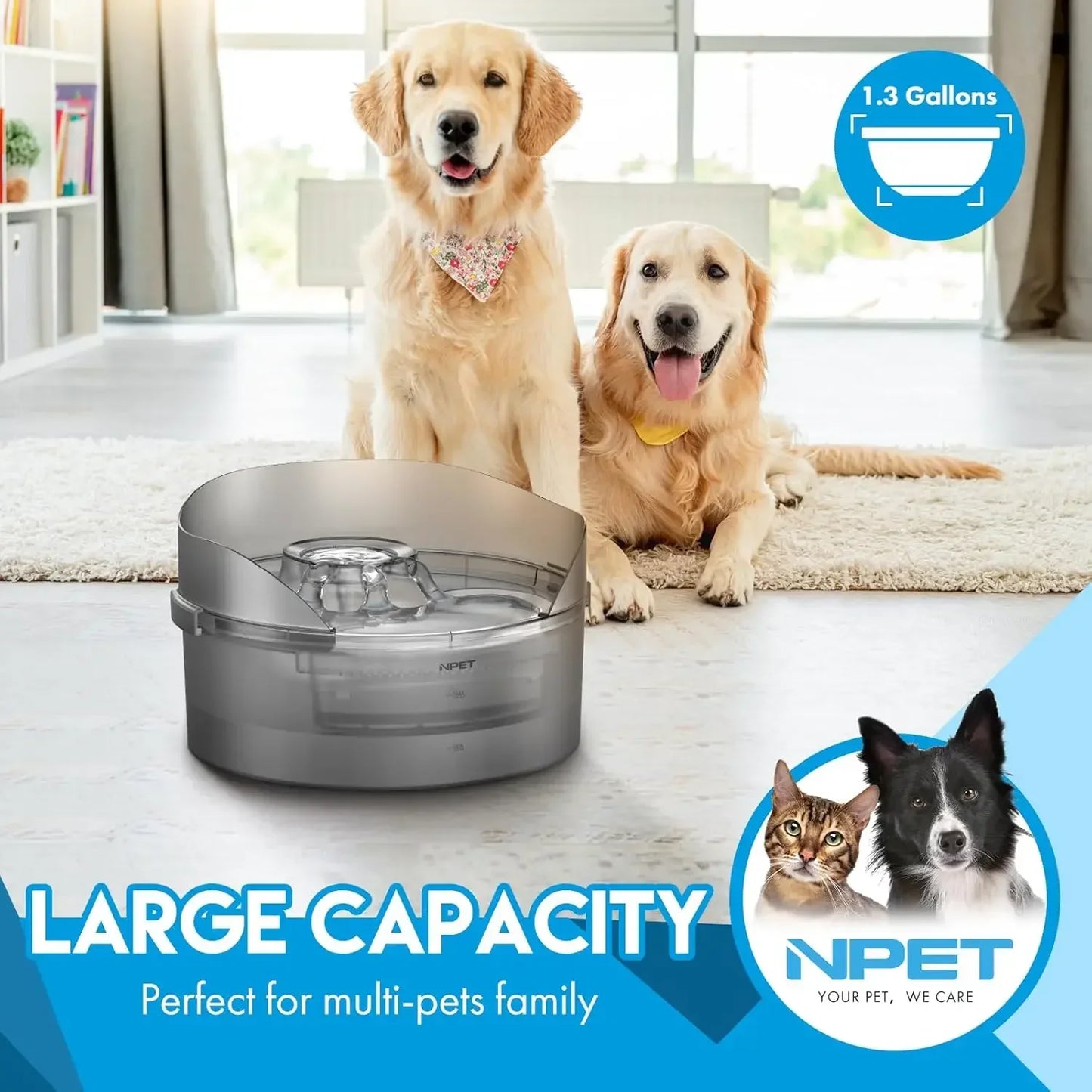 NPET DF10-SG Dog Water Fountain, 1.3 Gallon/170oz/5L Large Automatic Dog Water Bowl with Splatter Guard
