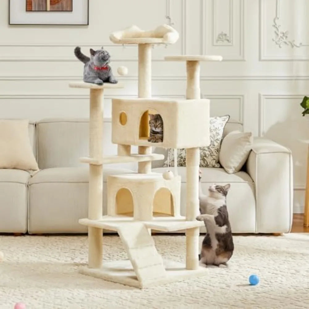 DUMOS 54-inch Indoor Cat Tree Tower –Multi-Level Pet House for Large Cats with 2 Condos, Scratching Posts, Round Platform, Small - Quick and EZ Shop