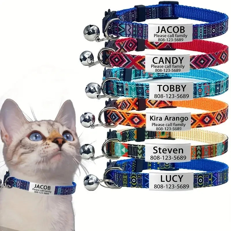 Personalized ID Tag Cat Collar with Bell Custom Collar Safety Breakaway Adjustable Nylon Engraving Small Kitten Necklace