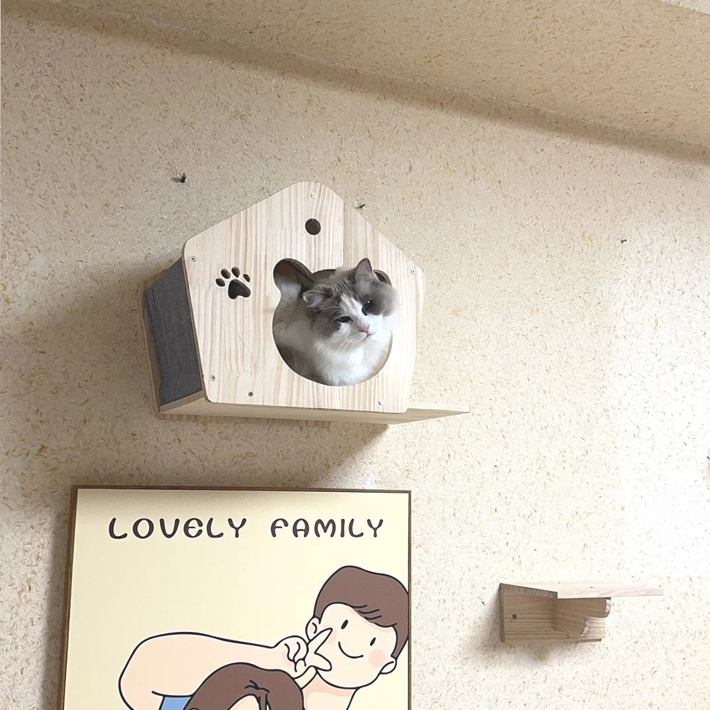 Wall Mounted Cat Tree Wooden Shelves Scratching Posts Climbing Cat Perches Hammock with Steps and Ladder Pet Wooden Furniture