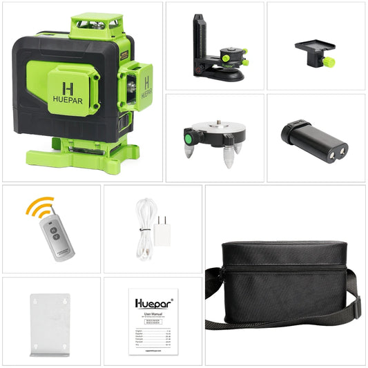 Huepar 16 lines 4D Cross Line Laser Level Green Beam Line With Li-ion battery For Tiles Floor Multifunction & Remote Control