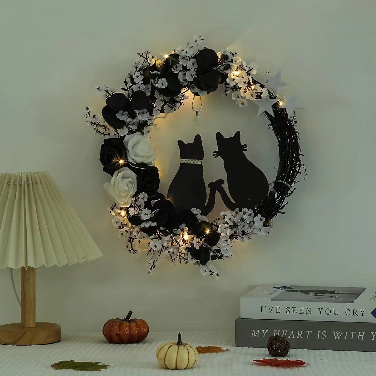 Black Cat Wreath Halloween Decor for Home, Spooky Halloween Decorations Crescent Wreath for Front Door Window Home Holiday Party