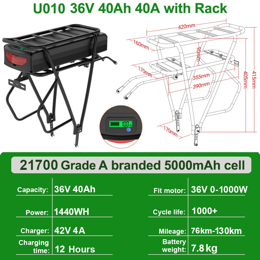 Rear Rack eBike Battery 21700 18650 52V 48V 28Ah 24Ah 20Ah With Double Luggage for 2000W 1500W 1000W 750W 500W 24"-28 inch Motor