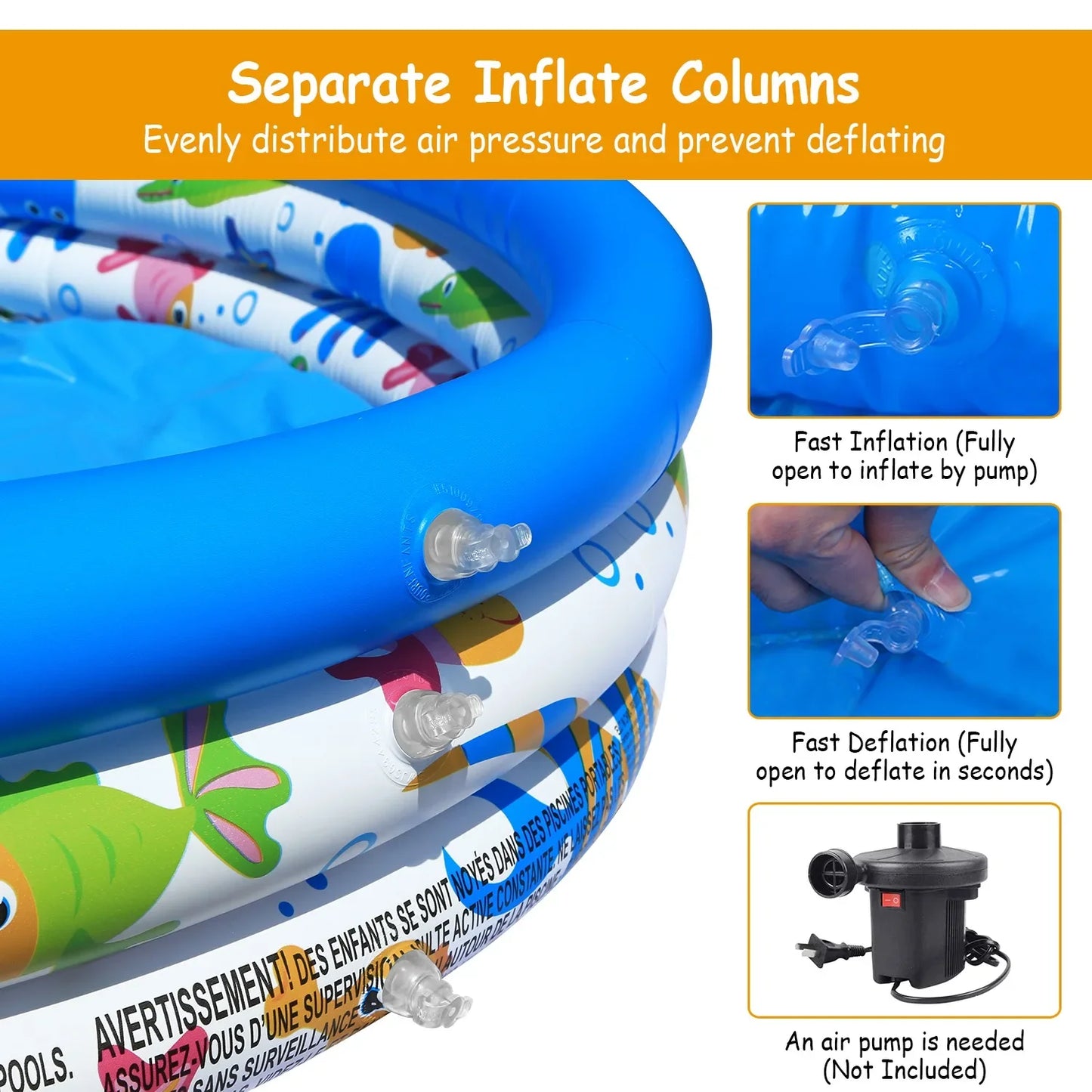 48x10” Inflatable Swimming Pool Blow Up Family Pool For 2 Kids Foldable Swim Ball Pool Center w/ 3 Velvets Water Drain Plug