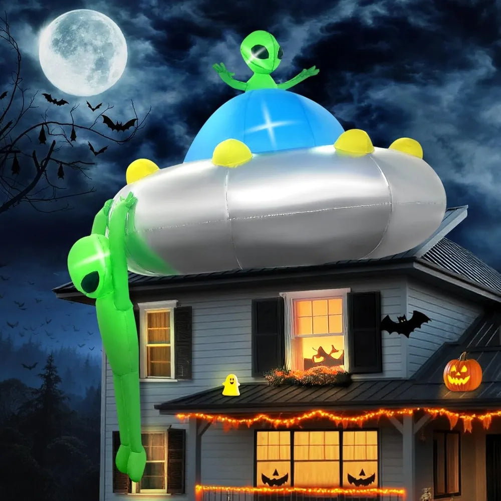 6FT Halloween Inflatable Hanging Alien UFO Outdoors Decoration, Blow Up Yard Decorations Scary Alien Inflatable with Build-in L