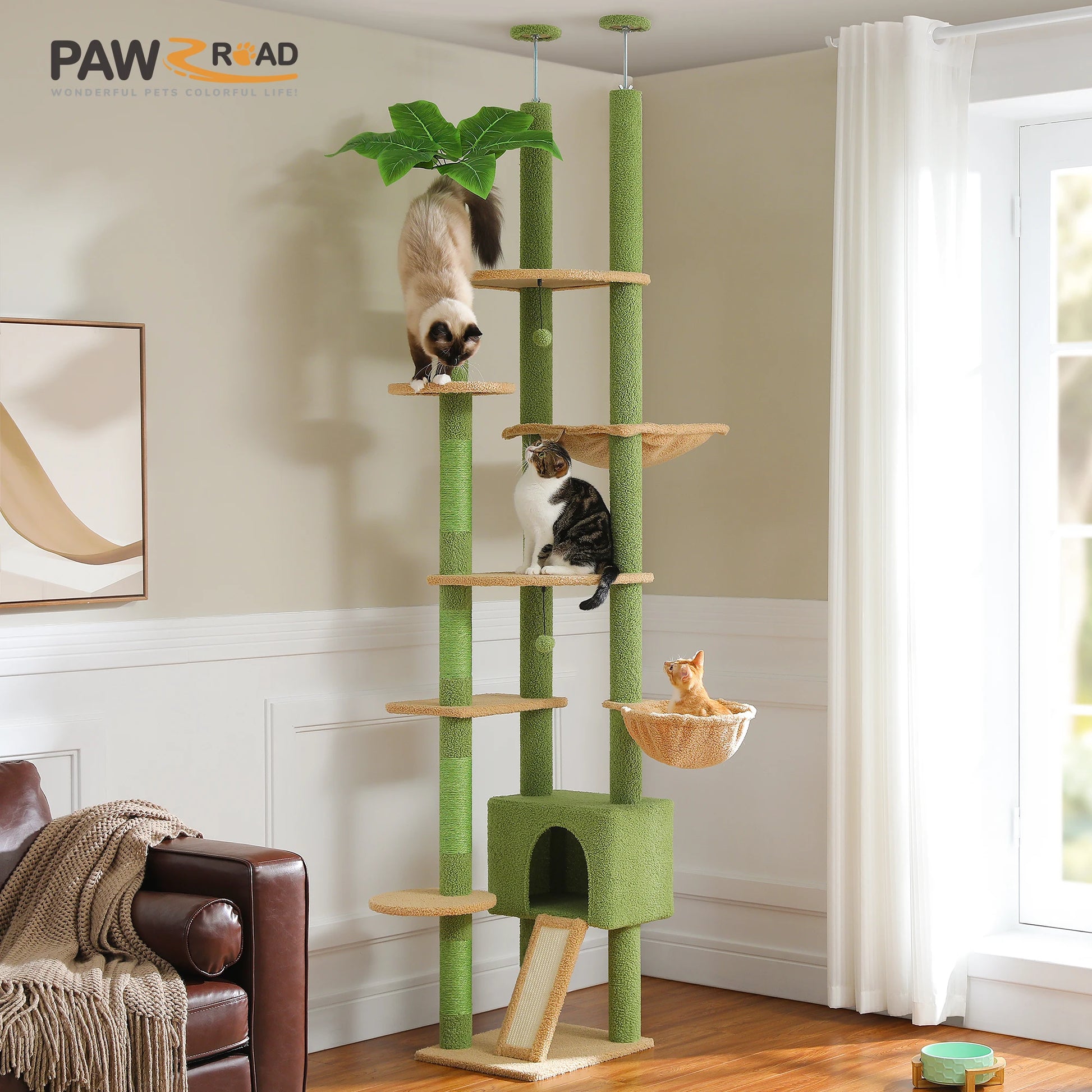 Floor to Ceiling Cat Tree with Sisal Scratching Posts Cozy Condo Hammock Adjustable Height Tall Cat Tower for Indoor Cat Toys - Quick and EZ Shop