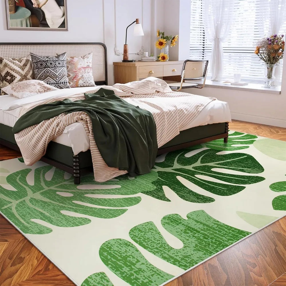 Leaf Indoor Outdoor Area Rugs for Living Room, 8x10 Green Washable Rug Tropical Monstera Plant Non-Slip Bedroom Rugs, Large Acc