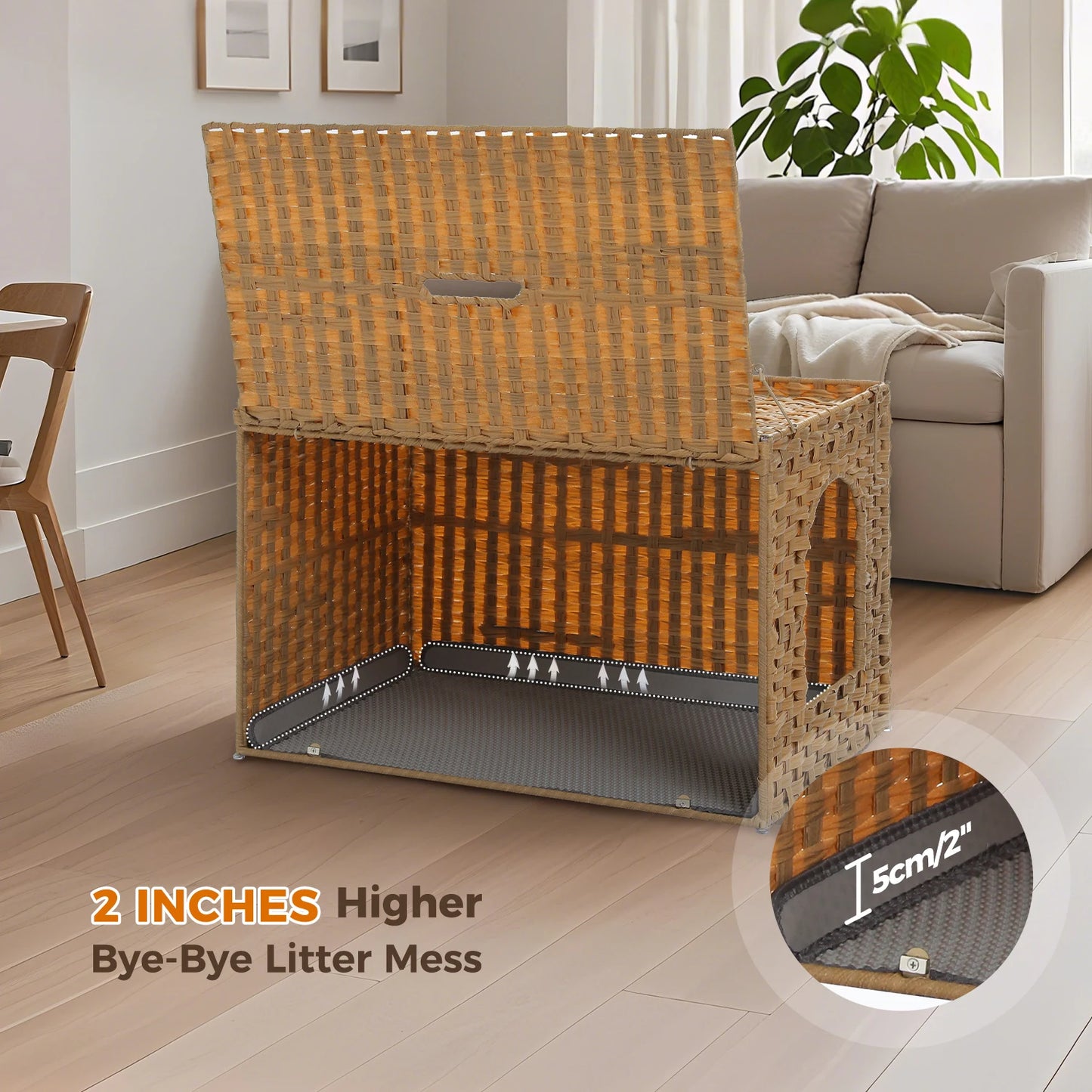 Rattan Cat Litter Box Enclosure with Taller Doorway and Flip-Up Design-More Space Raised Edge Mat-Cat House Cabinet Furniture