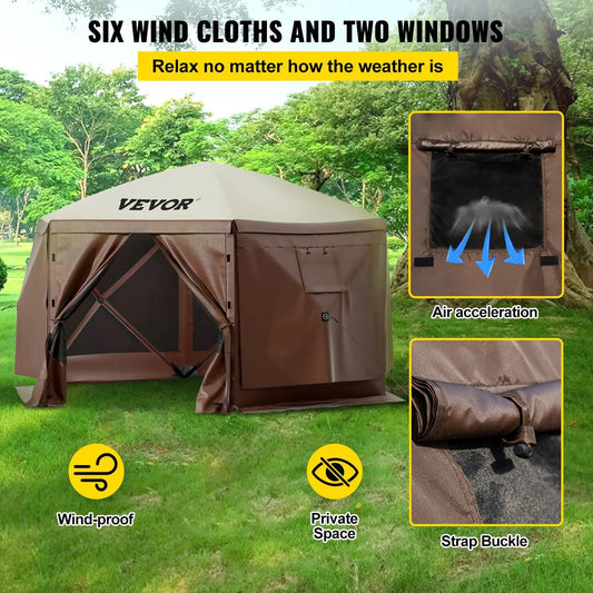 Waterproof Screen Shelter w/Portable Storage Bag 8 Person Camping 6 Sided Pop-up Canopy Screen Tent 10'x10' Camping Gazebo Tent