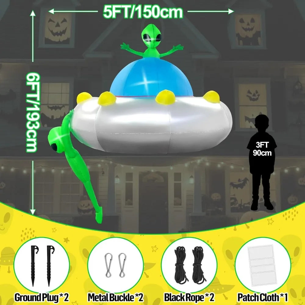 6FT Halloween Inflatable Hanging Alien UFO Outdoors Decoration, Blow Up Yard Decorations Scary Alien Inflatable with Build-in L