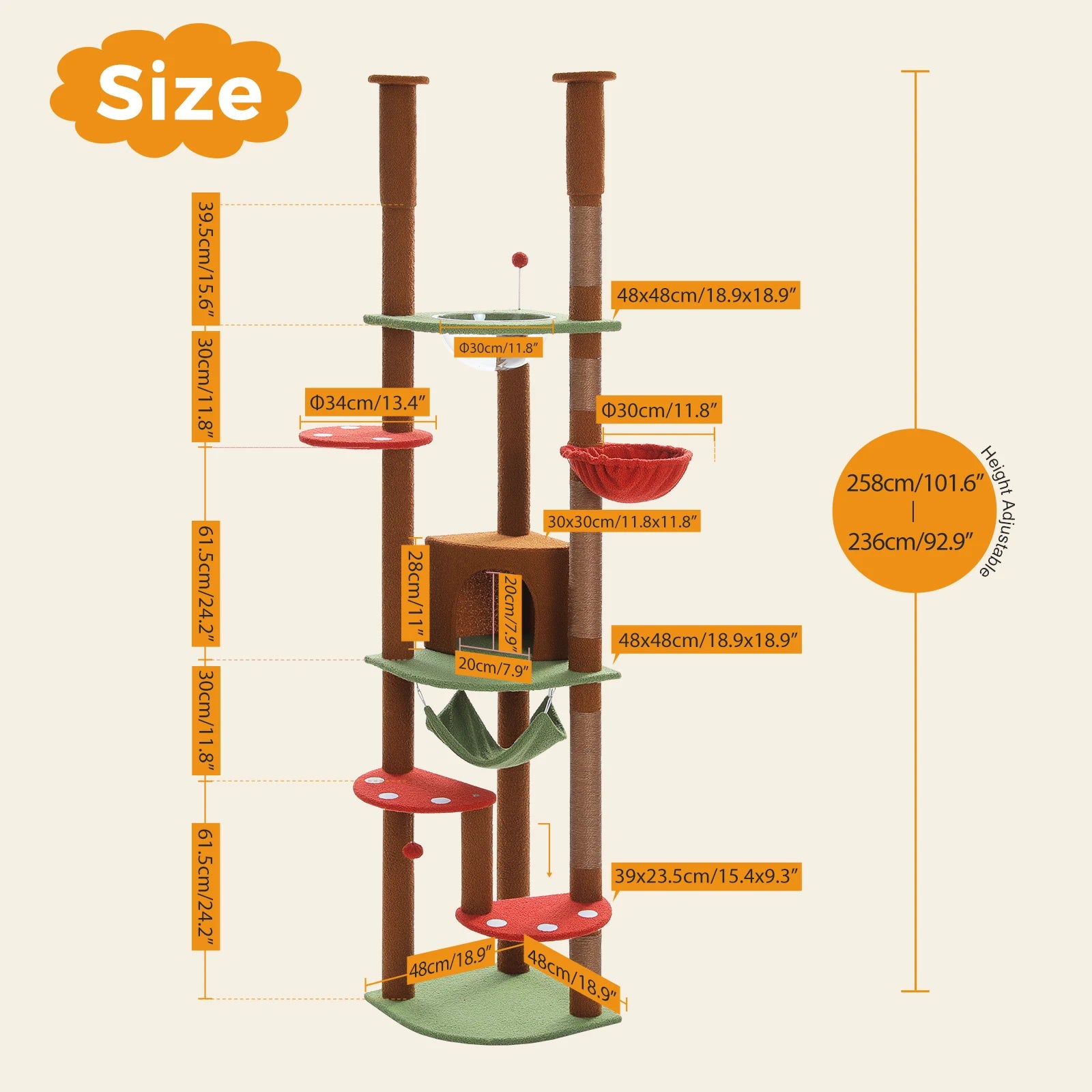 Floor to Ceiling Cat Tree with Sisal Scratching Posts Cozy Condo Hammock Adjustable Height Tall Cat Tower for Indoor Cat Toys - Quick and EZ Shop