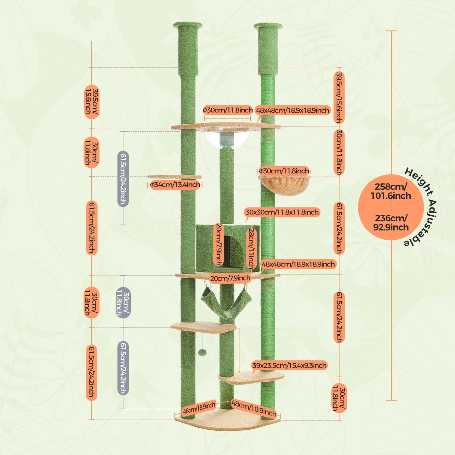 Floor to Ceiling Cat Tree with Sisal Scratching Posts Cozy Condo Hammock Adjustable Height Tall Cat Tower for Indoor Cat Toys - Quick and EZ Shop