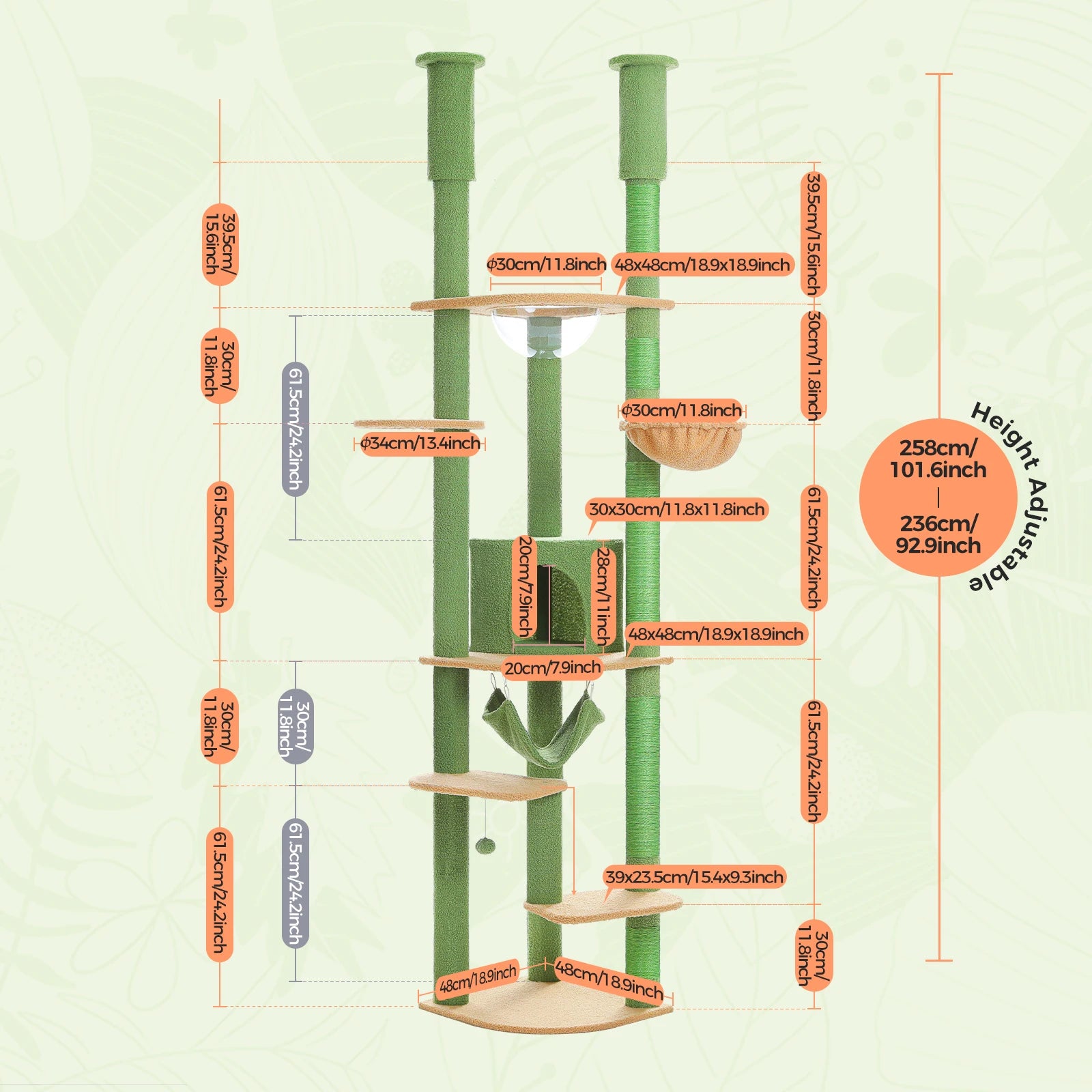 Floor to Ceiling Cat Tree with Sisal Scratching Posts Cozy Condo Hammock Adjustable Height Tall Cat Tower for Indoor Cat Toys - Quick and EZ Shop