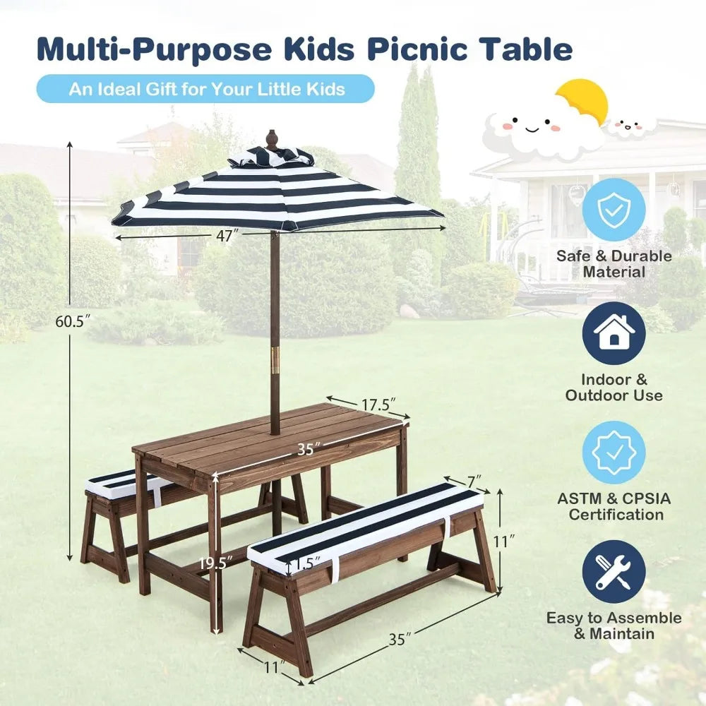 Kid Picnic Table, Outdoor Wooden Table & Bench Set w/Removable Cushions and Umbrella, Stripe Fabric, Children Backyard Furniture