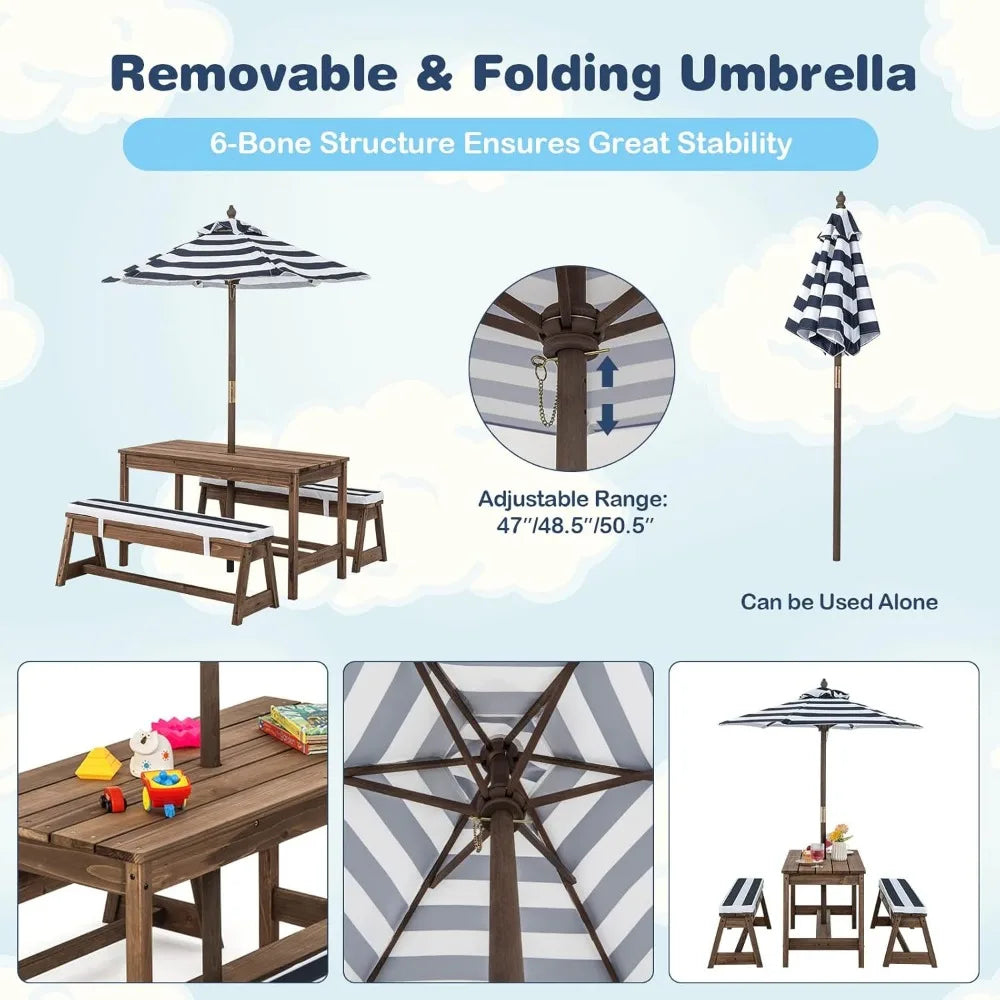 Kid Picnic Table, Outdoor Wooden Table & Bench Set w/Removable Cushions and Umbrella, Stripe Fabric, Children Backyard Furniture