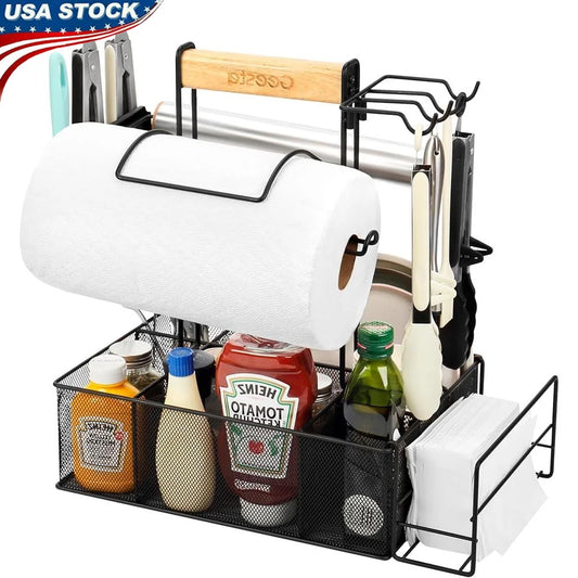 Outdoor Grill Caddy BBQ Organizer with Paper Towel Holder Magnetic Tool Holder Condiment Storage Adjustable Portable Picnic