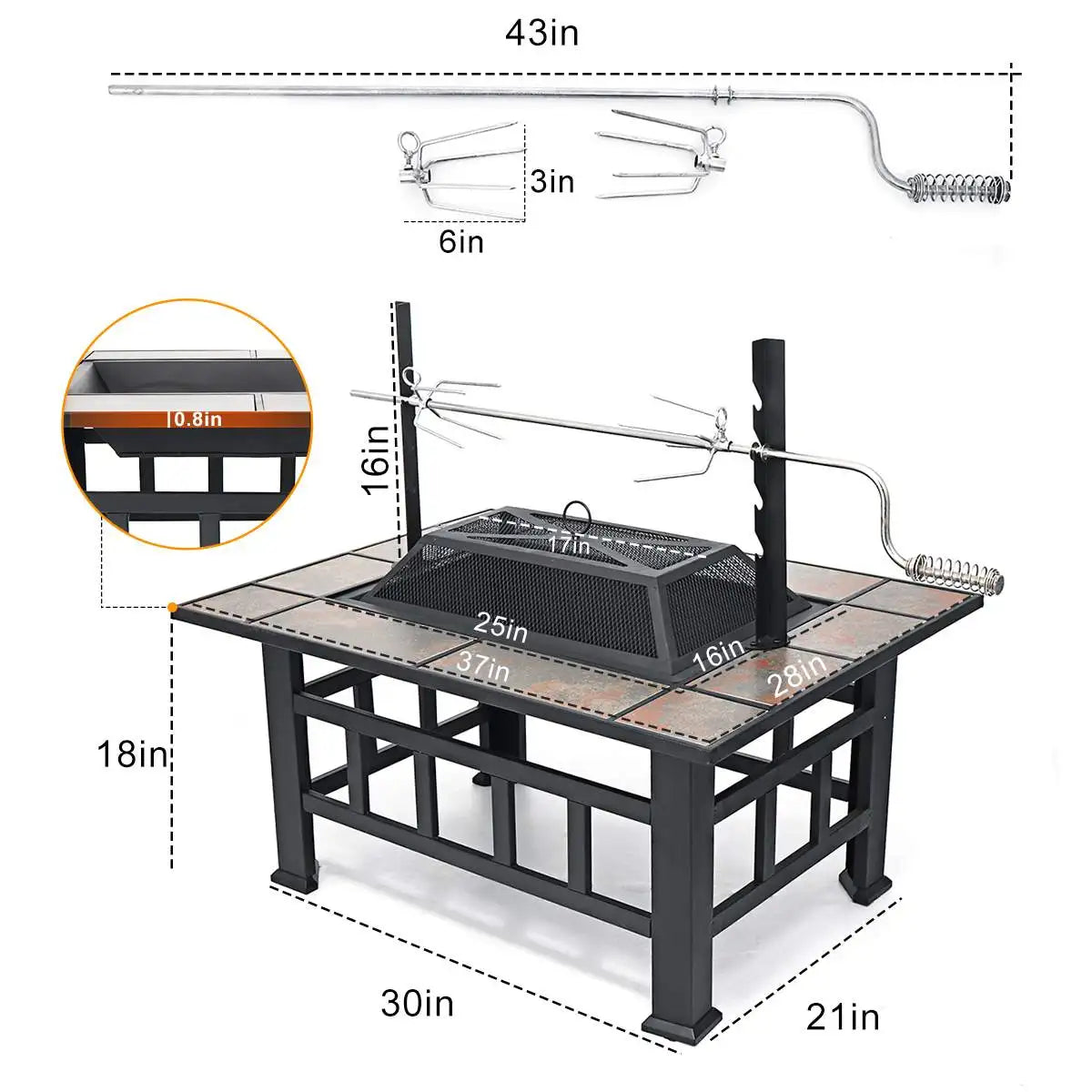 37 Inch Fire Pit Outdoor Patio Garden Camping Picnic Wood Burning Fire Pits Heating Large Steel BBQ Grill