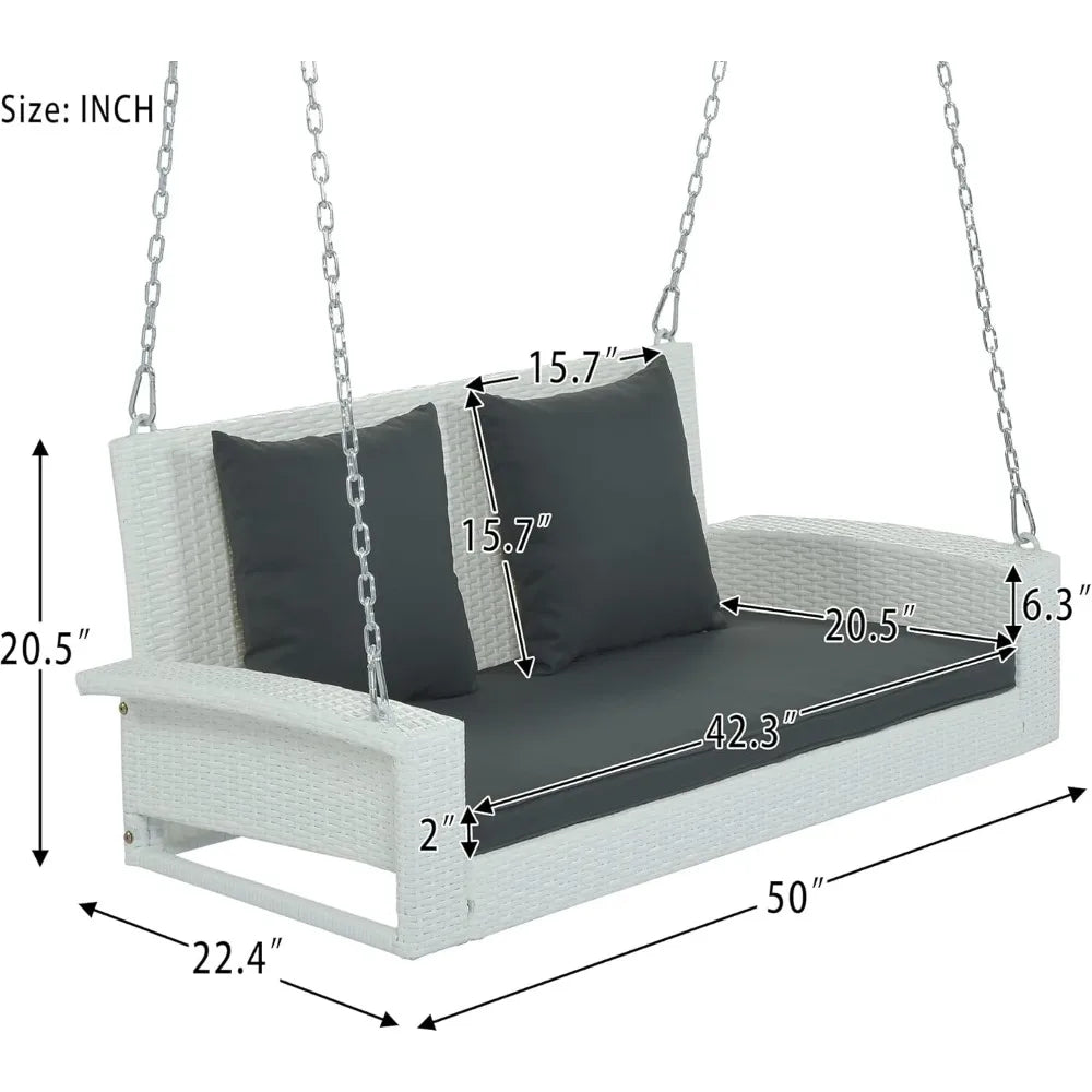 Porch Swing Loveseat, Outdoor Patio Furniture Rattan Wicker Swing Chair with Adjustable Chains, 2-Person Hanging Seat Porch