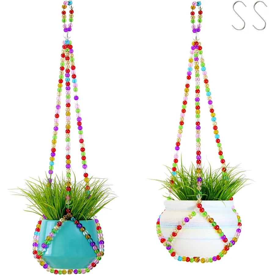 2 Pack Macrame Plant Hanger Handmade Glass Bead Plant Hanger Colorful Drative Bohemian Hanging Planter Holder for Indoor and Ou