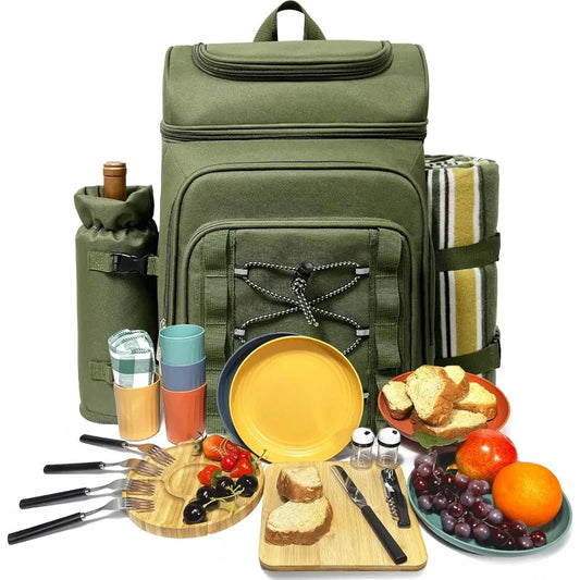 Picnic Basket Backpack for 4 Person with Blanket, Insulated Leakproof Cooler Compartment, Wine Holder, Cutlery Set, Enga