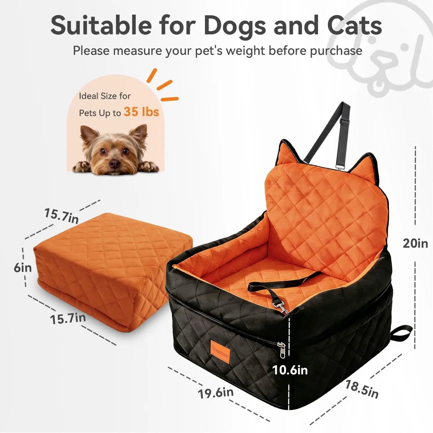 Dog Car Seat for Small/Medium Dogs Up to 35lbs, Elevated Cushion with Washable Cover & Storage Pockets, Black-Orange - Quick and EZ Shop