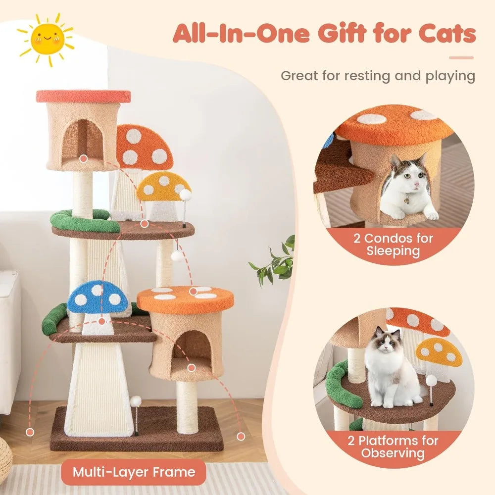 Very Tangkula Mushroom Cat Tree, Multi-Level Cute Cat Tower With Full-Wrapped Sisal Posts, Scratching Boards & Interactive Balls
