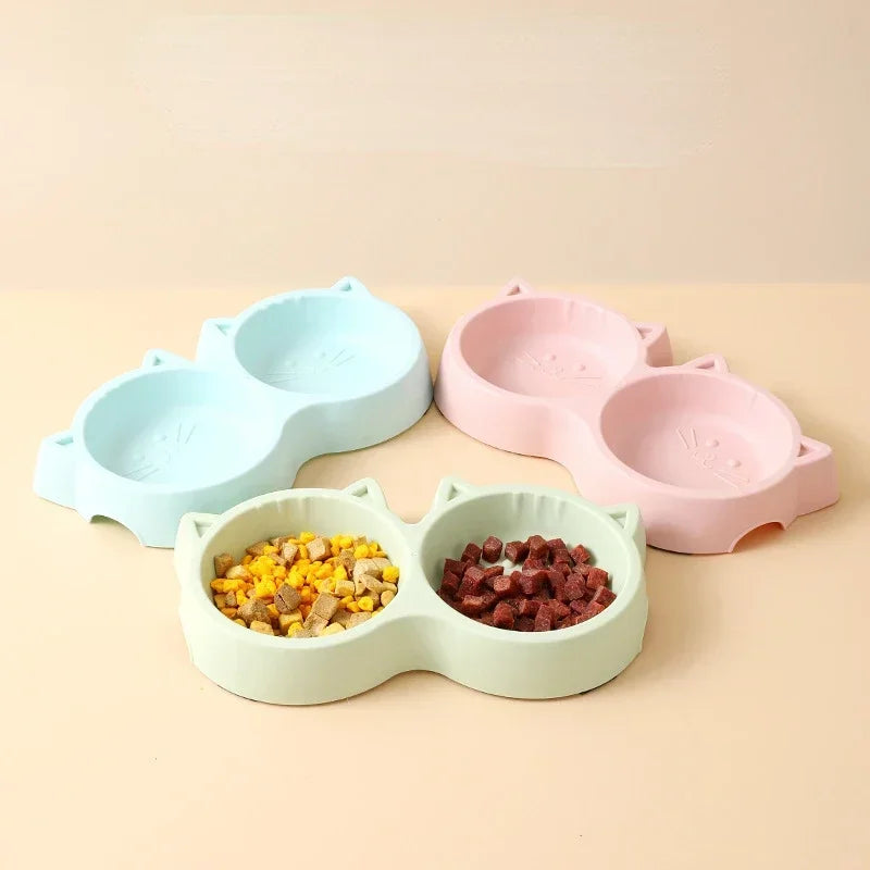 Pet Cat Double Bowl Eco-friendly PP Material Cartoon Cat Face Shape Food Water Feeding Bowl Non-slip Puppy Cat Feeder Supplies